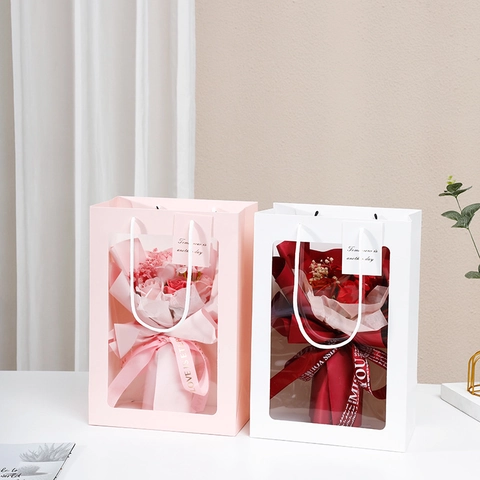 Transparent Window Gift Bag Handheld Cardboard Packaging For Flowers Dolls Bouquets Mothers Day Valentine Party