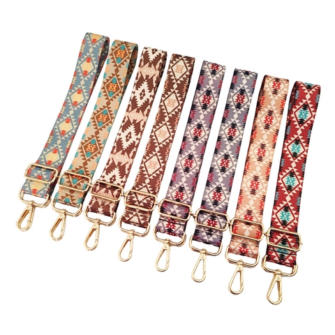 Wide Bag Strap Adjustable Polyester Ethnic Boho Geometric Pattern Replacement Shoulder Belt With Metal Buckles For Handbags