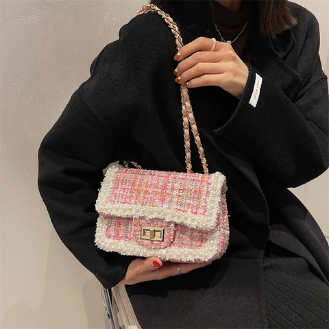 Elegante Tweed Crossbodytas Voor Dames Met Namaakparel Afwerking Kettingriem Draaisluiting Geruit Patroon Schoudertas