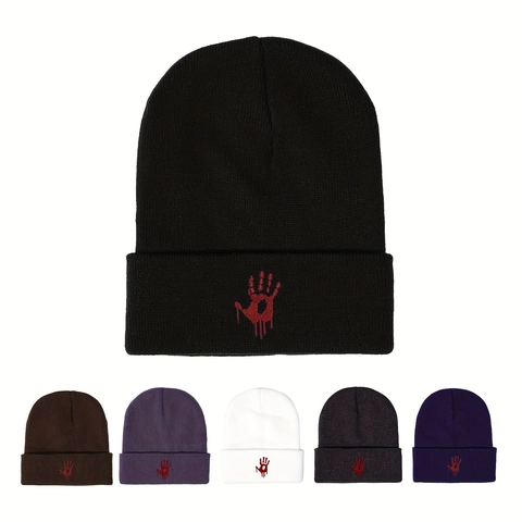 Berretto Beanie Acrilico Maglia Caldo Inverno Street Horror Ricamo Impronta Mano Sangue Per Uomo E Donna