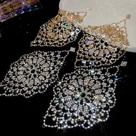 Orecchini Pendenti Nappa Geometrica Svuotata Strass Perno Argento Sterling 925 Rame Lusso Gioielli Donna