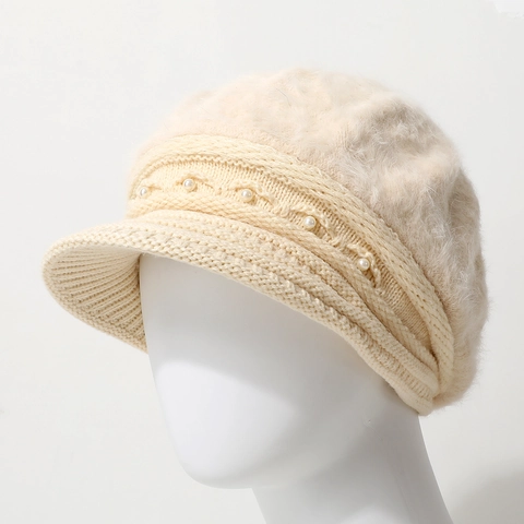 Gorro De Punto Cálido De Invierno Con Visera Peluche De Piel De Conejo Artificial Grueso Sombrero Térmico Elegante Decoración De Perlas Artificiales