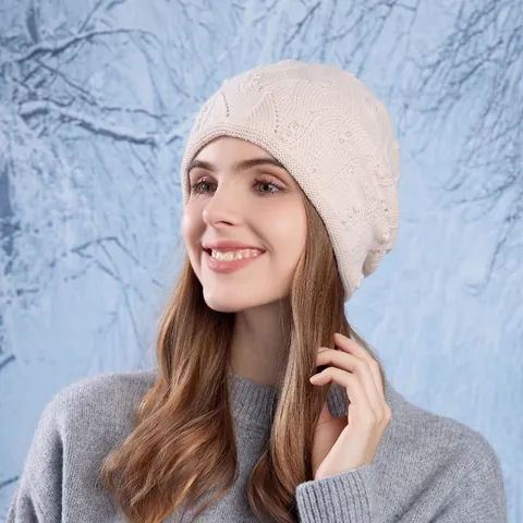 Women Knit Beanie Hat Slouchy Winter Warm Wave Pattern Acrylic With Faux Artificial Pearls Elegant Pullover