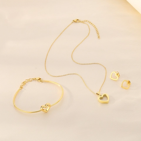 Collana Con Pendente A Cuore Cavo Orecchini E Bracciale Gioielli In Acciaio Inossidabile Accessori Moda Da Donna