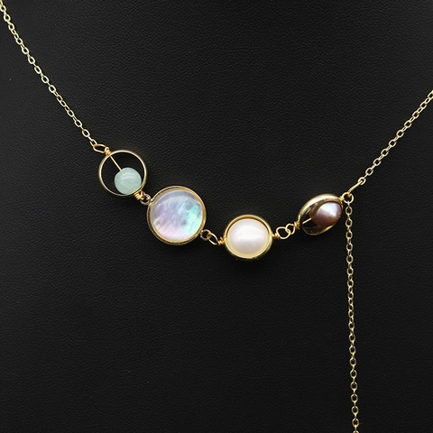 Natural Freshwater Pearl Necklace Asymmetric Crystal Jade Shell Pendant Gold Plated Copper Beaded Necklace For Women