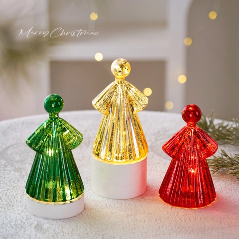 LED Light Up Mercury Glass Christmas Tree Angel Mushroom Tabletop Ornament Festive Desktop Holiday Glow Decoration