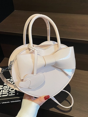 Sac À Main En Forme De Cœur Cuir PU Brillant Nœud Papillon Décor Sac Bandoulière Avec Pendentif Cœur Mode Pour Femmes