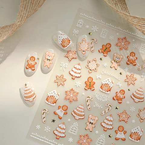 Adesivi Per Unghie 5D Rilievo Natale Omino Di Pan Di Zenzero Fiocchi Di Neve Bronzatura Decorazione Manicure DIY