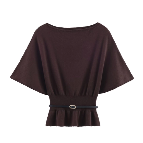 Damen Strickoberteil Mit Bootausschnitt Und Gürtel Fledermausärmel Schößchensaum Elegantes Kaffee Oberteil