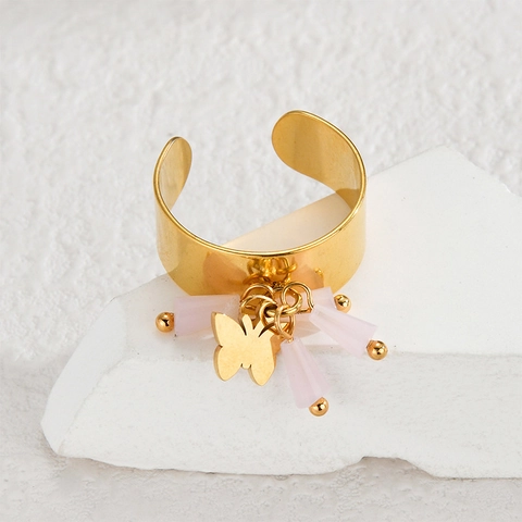 Vintage Palast Stil Edelstahl Offener Ring Für Damen Emaille Goldfisch Schmetterling Anhänger Vergoldet Bunte Perlen Ring Schmuck