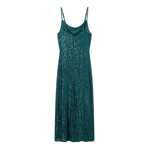 Vestito Elegante Con Paillettes Spalline Sottili Scollo A Cappuccio Spacco Festa Sera Verde Pavone Donna