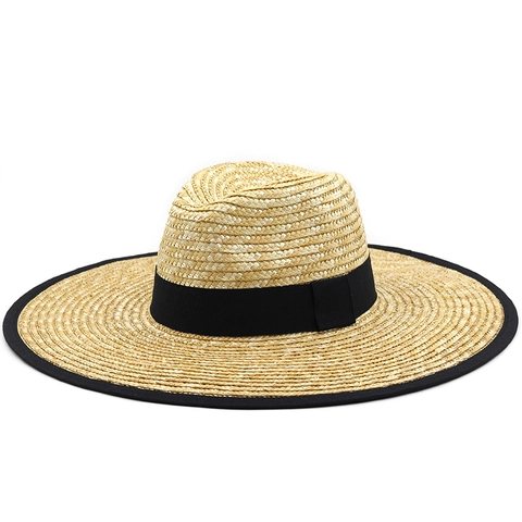 Damen Strohhut Mit Breiter Krempe Natürliches Weizenstroh Flaches Top Sonnenschutz Strandurlaub Französisch Vintage Elegant