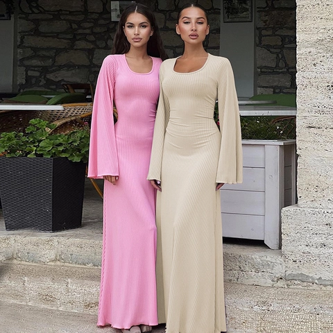 Maxi Dress Ribbed Knit Backless Lace Up Flare Long Sleeve Slim Fit Solid Color Elegant For Women