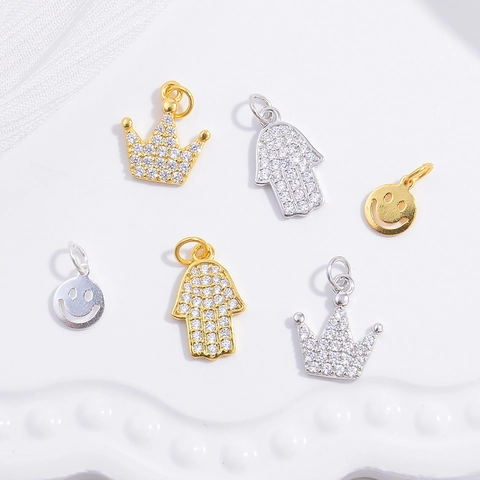 925 Sterling Silver Zirconia Inlaid Crown Hamsa Hand Smile Face Pendant DIY Jewelry Accessories Pendants Only Without Chain