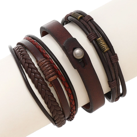 Pulseras De Cuero De Vaca Trenzado Retro Para Hombres Vintage Tejidas A Mano Pulsera De Múltiples Capas Aleación Hilo De Cera Joyería Informal