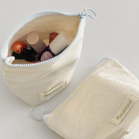 Small Cosmetic Pouch Portable Nylon Makeup Bag Solid Color Zippered Storage Case For Lipstick Toiletries Travel Essentials Women