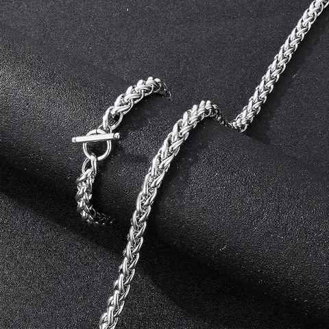 Collar Y Pulsera De Acero Inoxidable Para Hombre Cadena De Trigo Minimalista Cierre De Timón OT Joyería Trenzada Color Plata