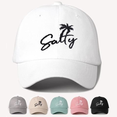 Salty Palm Tree Embroidery Baseball Cap Polyester Twill Curved Brim Adjustable Casual Summer Sun Hat For Men Women