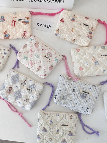 Borsa Da Trucco Portatile In Cotone Trapuntato Stampa Orso Coniglio Floreale Mini Pochette Con Cerniera Per Rossetto Auricolari