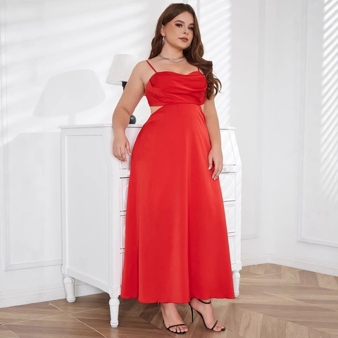 Plus Size Red Satin Maxi Dress Cowl Neck Spaghetti Strap Side Cut Out Backless Elegant Party Evening Formal Gown Women