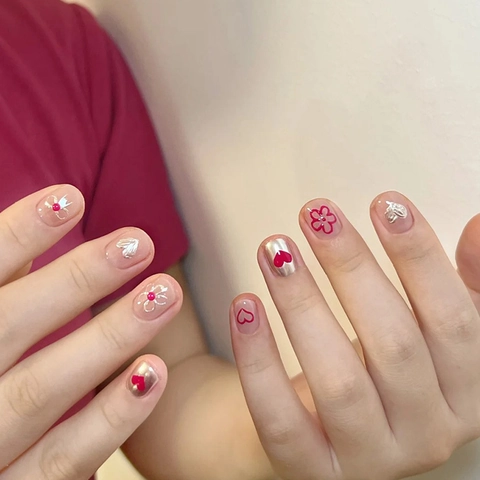 Red Flower Heart Design Press On Nails 3D Embossed Silver Glossy Square Shape Artificial Manicure Sweet Style Women