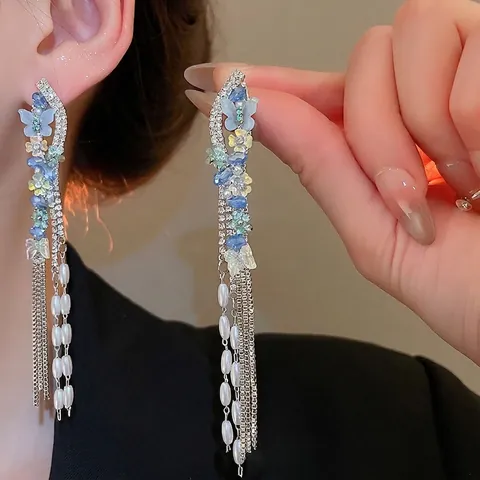 Schmetterling Quaste Lange Hängende Ohrringe Mit Legierung Harz Blume Rheinkiesel Und 925 Sterling Silber Ohrstecker