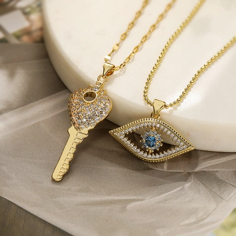 Evil Eye Herz Schlüssel Anhänger Halskette 18K Vergoldetes Kupfer Zirkon Böhmischer Schmuck Für Frauen