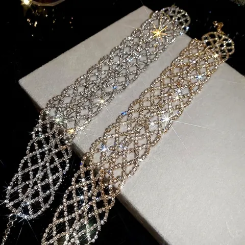 Collier Choker En Maille Strass Évidé Large Tissage Métallique Pour Femmes Mariage Fête Luxe Élégant Bijoux Ajustables