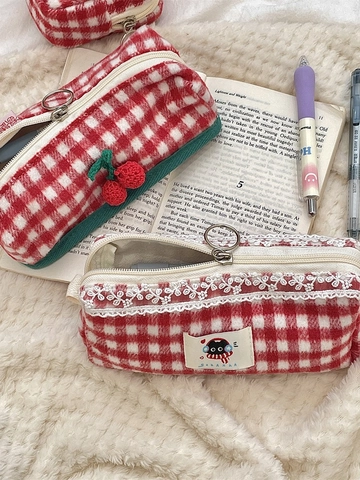 Red White Plaid Plush Makeup Bag Woolen Gingham Cosmetic Organizer With Cherry Decor And Lace Trim Portable Storage For Women