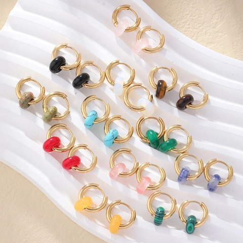 Donut Natural Stone Hoop Earrings Stainless Steel Huggie Retro French Style Geometric Jewelry For Women Vintage Elegant