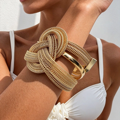 Woven Knot Manschette Armband Metall Heavy Industrial Style Große Offene Bangle Für Frauen Gold Silber