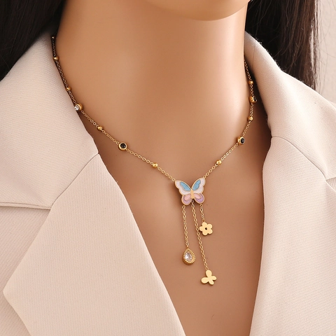 Collana Farfalla In Acciaio Inossidabile Per Donna Gioielli Pendente Farfalla Nappa Smalto Colorato Placcato Oro Elegante