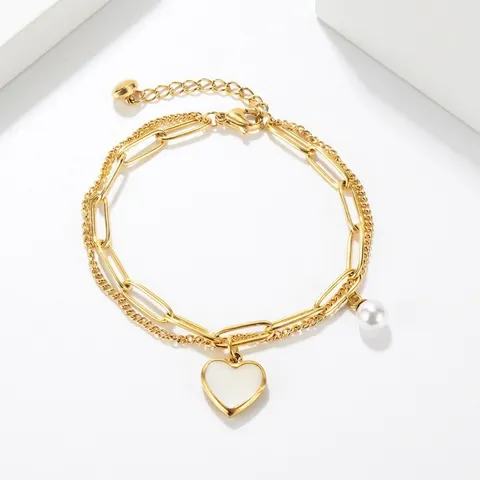 Double Layer Stainless Steel Bracelet With Heart Mother Of Artificial Pearl Pendant And Artificial Pearl Adjustable Chain For Women