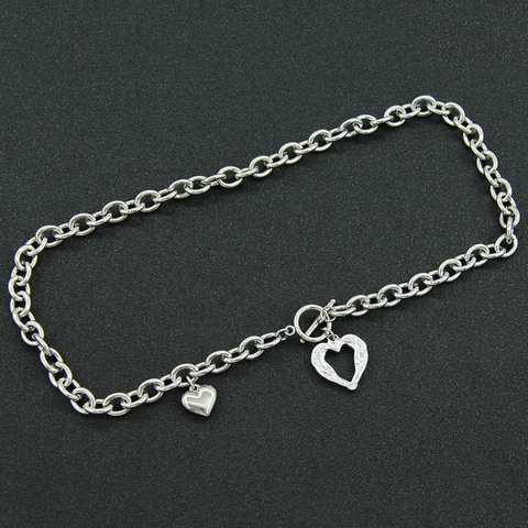 Punk Edelstahl Doppel Herz Anhänger Halskette Für Damen Knebelverschluss Silber Schwere Kette Choker Mode Schmuck Geschenk