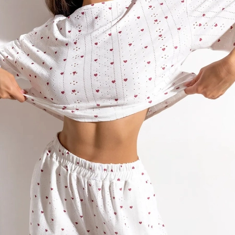 Damen Loungewear Rundhalsausschnitt Kurzarm Cropped Top Und Lange Hosen Lochmuster Herzprint Polyester Nachtwäsche