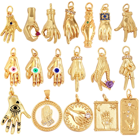 DIY Creazione Di Gioielli Ciondoli Pendenti Rame Placcato Oro Zirconia Malocchio Mano Hamsa Cuore Croce Sole Luna Stella