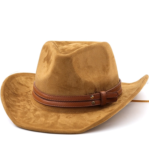 Western Cowboy Hoed Suede Polyester Brede Gebogen Rand Leren Riem Klinknagels Outdoor Zonbescherming Jazz Stijl Unisex