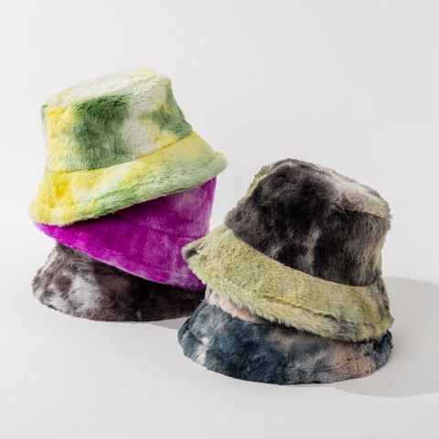 Gorro De Pescador De Piel Sintética Tie-Dye Cálido Felpa Invierno Streetwear Unisex Cortavientos Suave Exterior