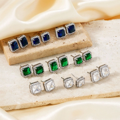 Vintage Copper Square Gemstone Stud Earrings For Women Rhinestone Halo Geometric Earrings Elegant Fashion Jewelry Accessories