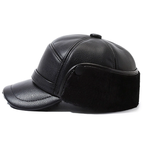Men Winter PU Leather Baseball Cap With Ear Flaps Faux Fur Lined Warm Windproof Outdoor Trapper Hat