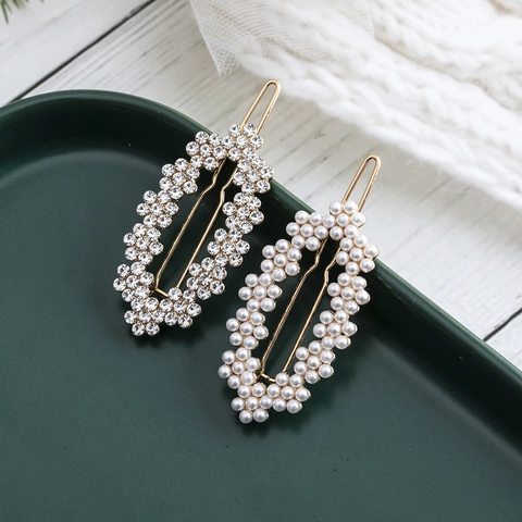 Pinza Para El Pelo Elegante Perlas Artificiales Y Diamantes Clip De Metal Hueco Geométrico Estilo Coreano Dulce Para Mujeres
