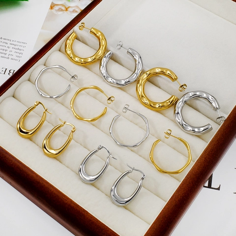 Orecchini a Cerchio in Acciaio Inossidabile Minimalisti per Donna Geometrici a Forma di U Onda Texture Martellata Oro Argento Gioielli
