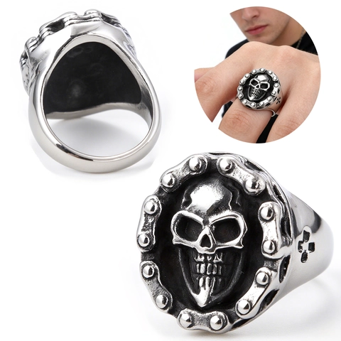 Anello Teschio 3D Da Uomo Gioielli Punk Biker In Acciaio Inossidabile Vintage Con Catena Da Moto E Croce