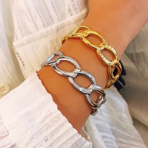 Bracciale Rigido a Catena Spessa in Acciaio Inossidabile Minimalista per Donna Bracciale Rigido Cavo Geometrico Galvanizzato Gioielli