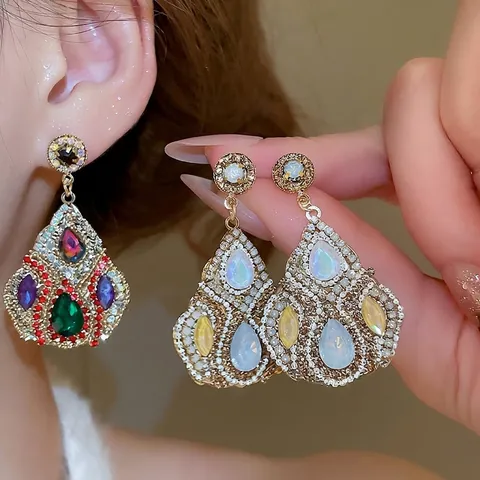 Orecchini Pendenti A Goccia D'Acqua Con 925 Sterling Silver Earring Post Lega Zircone Opale Colorato Stile Corte Retrò Donna