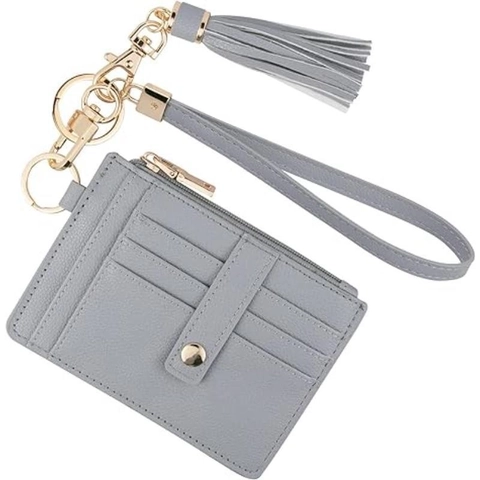 Porta Carte In Pelle PU Da Donna Portafoglio Portachiavi Sottile Con Cinturino Da Polso Con Nappina Rimovibile Grana Litchi