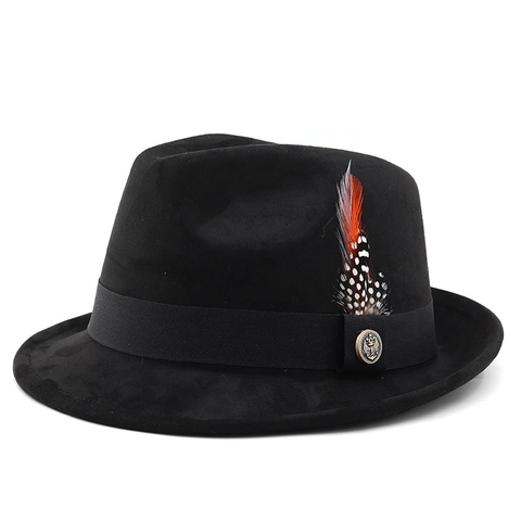 Vintage Fedora Hat Suede Fabric With Feather And Metal Anchor Badge Jazz Style Wide Brim For Men And Women