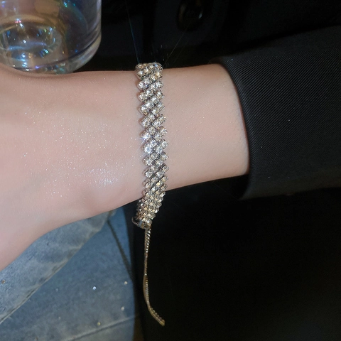 Alloy Rhinestone Bracelet Multi Row Square Geometric Sparkling Adjustable Link Jewelry For Women Silver Tone Elegant