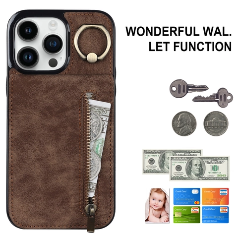 Multifunctional Wallet Case Phone Cover PU Leather Zipper Pocket Card Slots Ring Holder Kickstand RFID Blocking Business