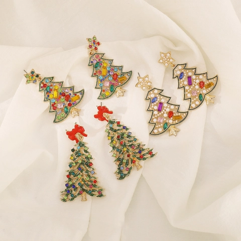 Christmas Tree Dangle Earrings Alloy Rhinestones Faux Artificial Pearl Red Bow Festive Jewelry For Women